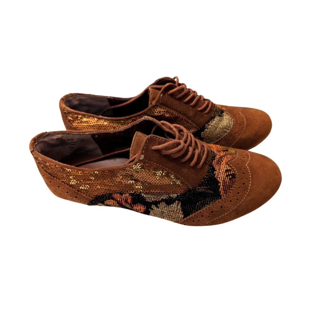 Naughty Monkey | Size 7 Tan Sequin Faux Leather Oxfords